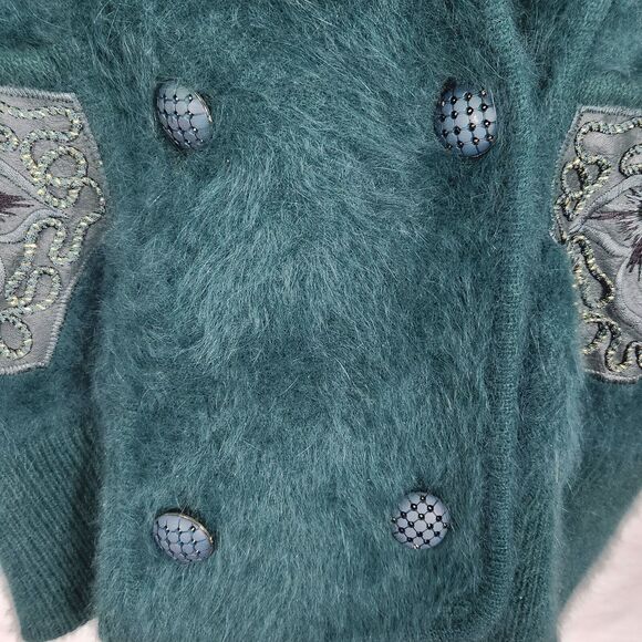 VNTG Belldini Dark Teal Angora Embellished Button Up Lined Sweater Jacket Sz Med - Picture 4 of 16